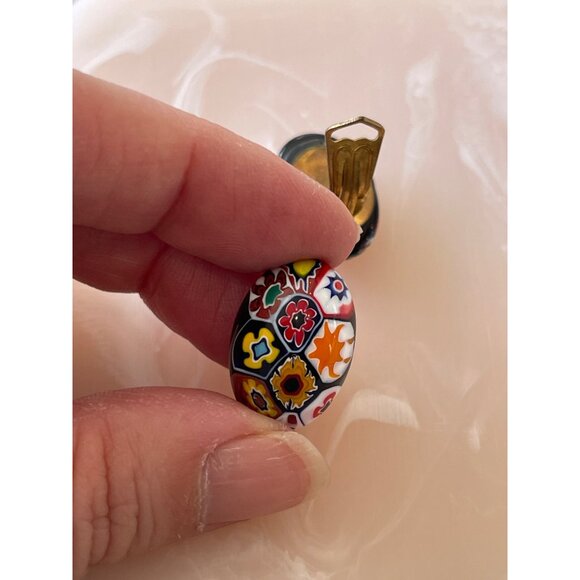 Vintage Millefiori Clip-On Earrings With Colorful Floral Glass Design - Picture 8 of 13